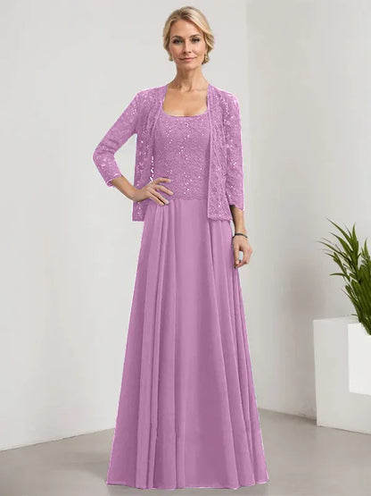 A-line Square Floor-Length Lace Chiffon Mother of the Bride Dress With Sequins