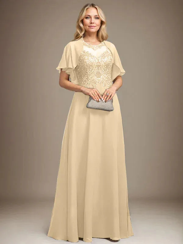 A-line Scoop Illusion Floor-Length Lace Chiffon Mother of the Bride Dress With Sequins