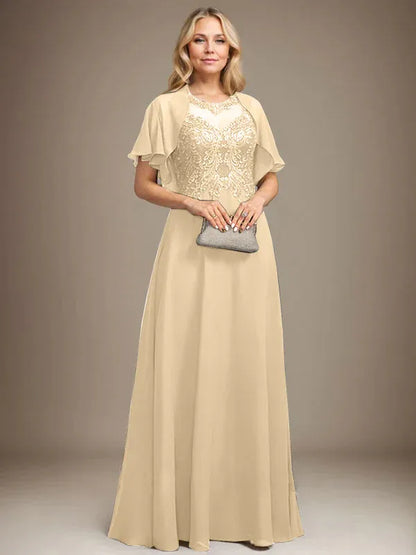 A-line Scoop Illusion Floor-Length Lace Chiffon Mother of the Bride Dress With Sequins