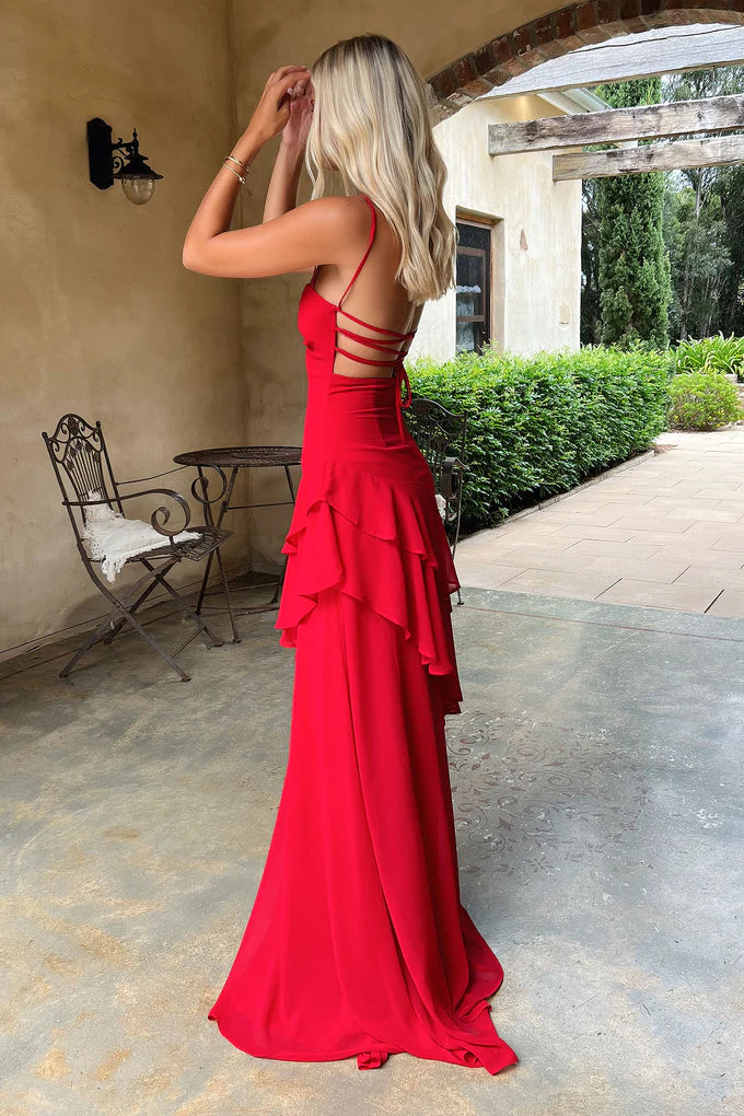 Charming A Line Spaghetti Straps Red Long Prom Dress with Ruffles