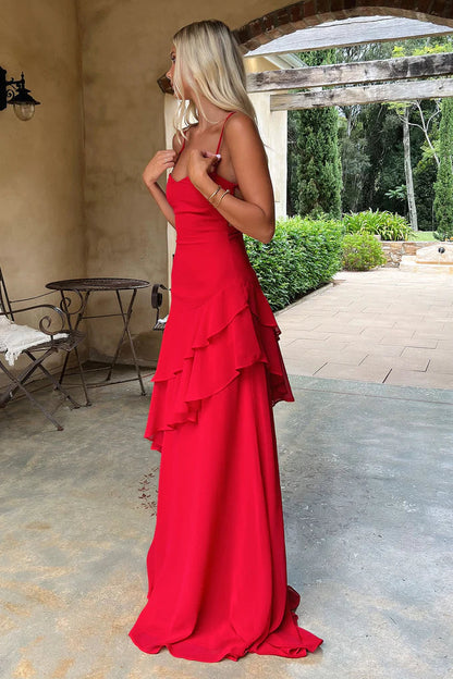 Charming A Line Spaghetti Straps Red Long Prom Dress with Ruffles