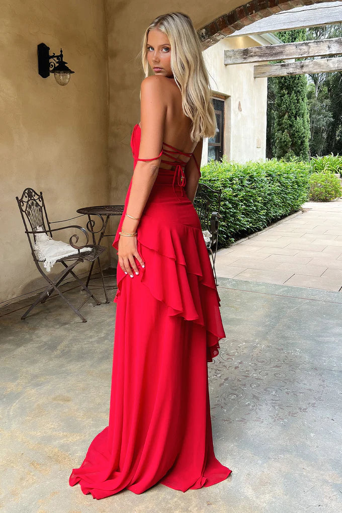 Charming A Line Spaghetti Straps Red Long Prom Dress with Ruffles