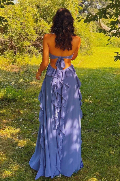 Charming A Line Halter Neck Pink Long Prom Dress with Ruffles