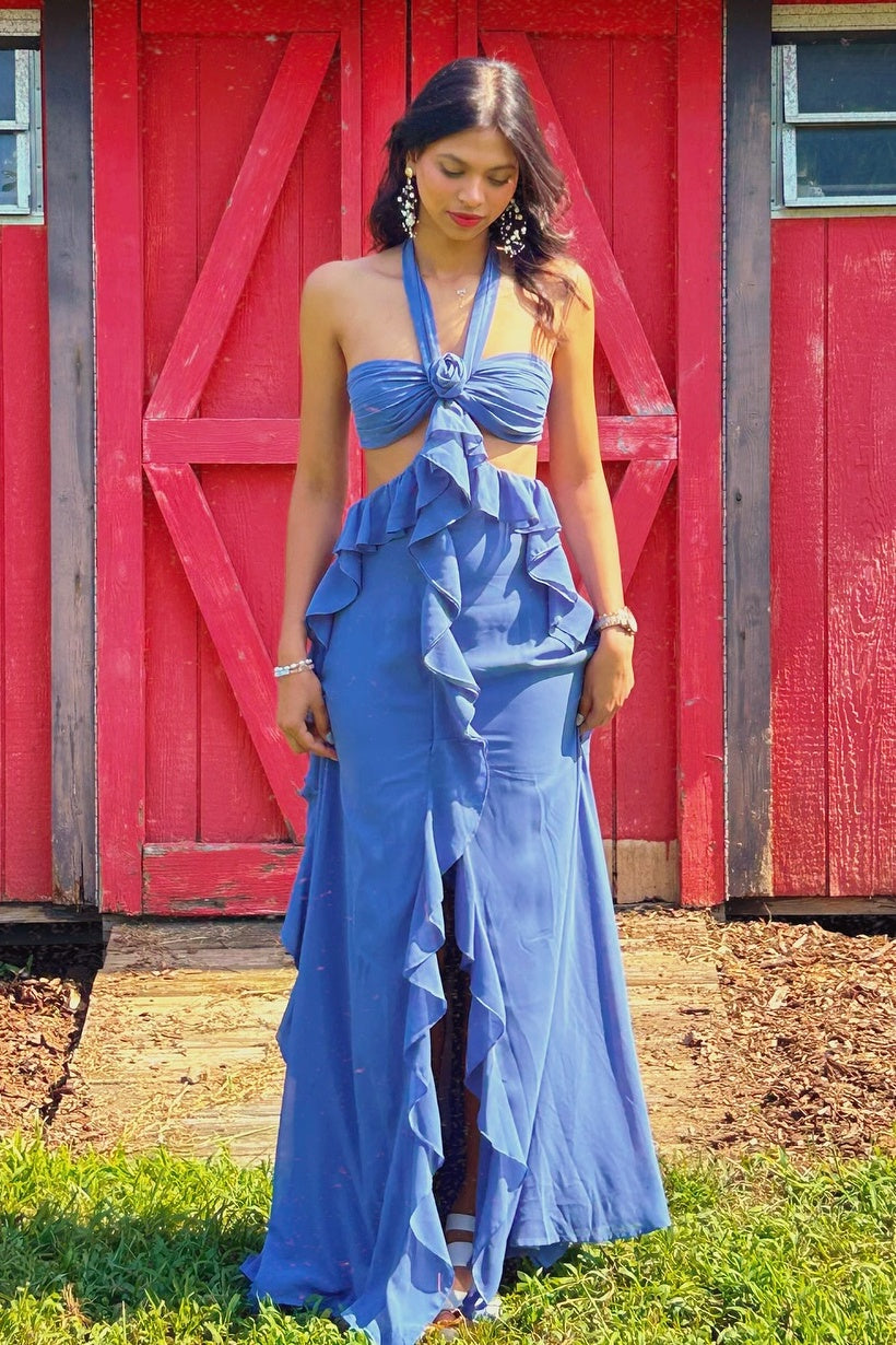 Charming A Line Halter Neck Pink Long Prom Dress with Ruffles