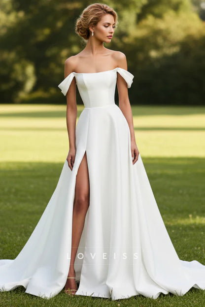 Off-Shoulder Mikado Satin Side Slit A-Line Wedding Dress