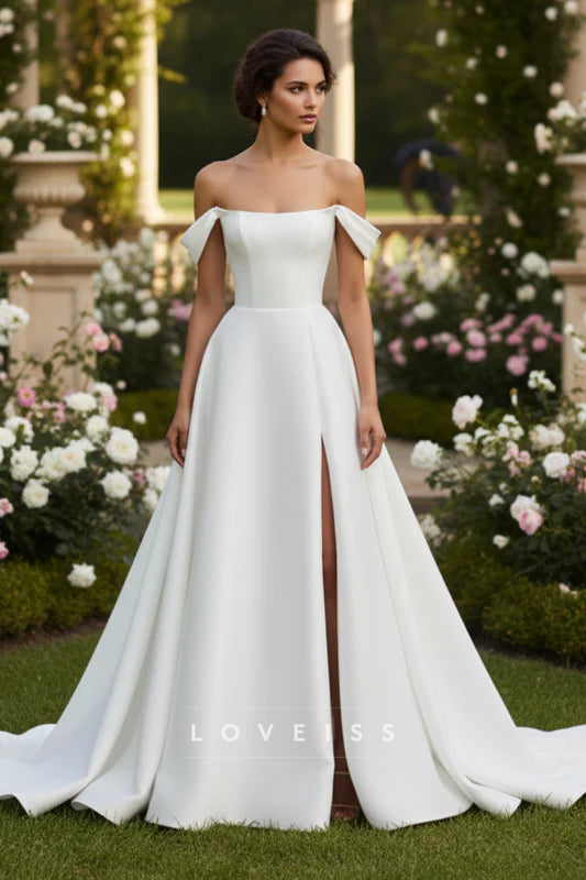Off-Shoulder Mikado Satin Side Slit A-Line Wedding Dress