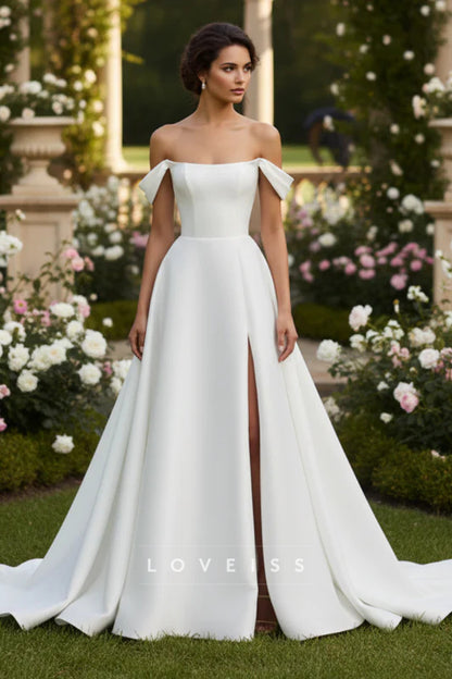 Off-Shoulder Mikado Satin Side Slit A-Line Wedding Dress