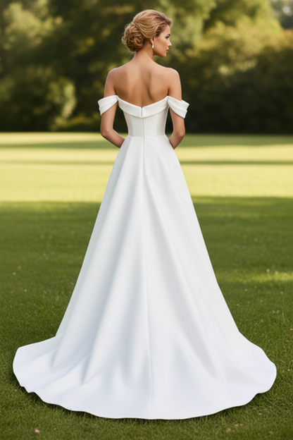 Off-Shoulder Mikado Satin Side Slit A-Line Wedding Dress
