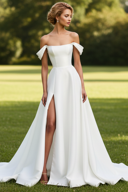 Off-Shoulder Mikado Satin Side Slit A-Line Wedding Dress
