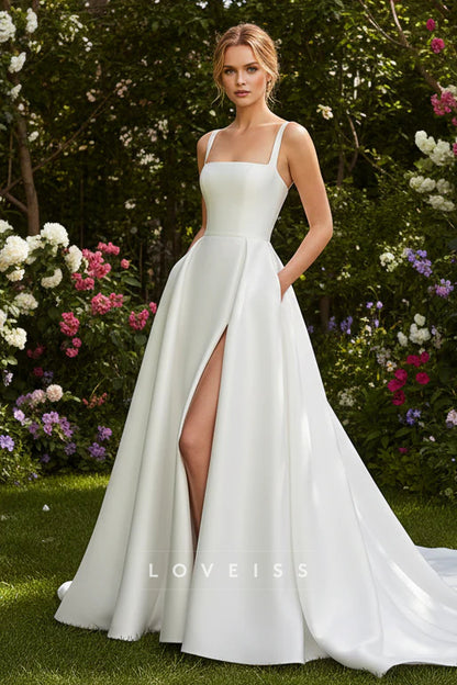 Square Straps Mikado Satin A-Line Wedding Dress