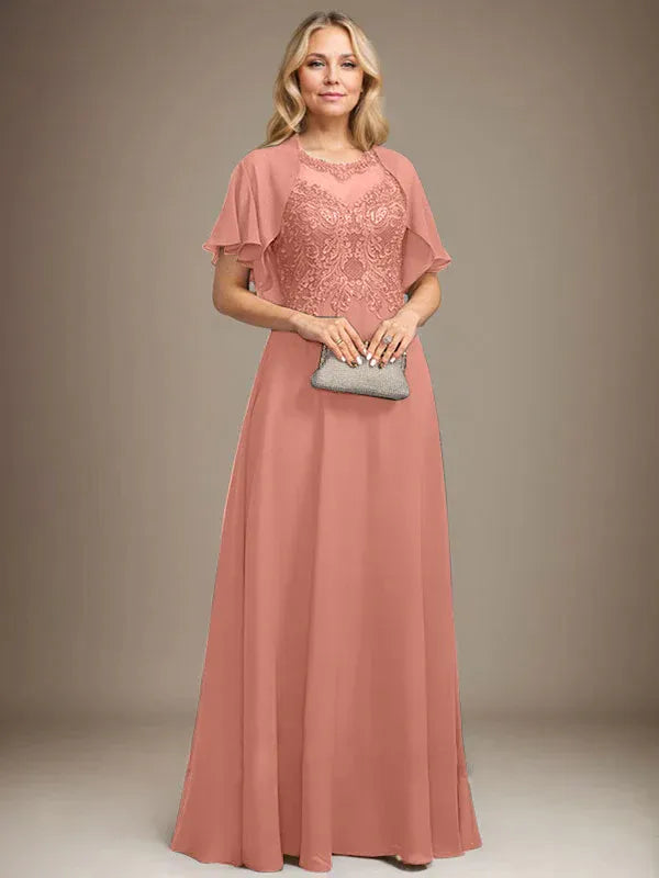 A-line Scoop Illusion Floor-Length Lace Chiffon Mother of the Bride Dress With Sequins