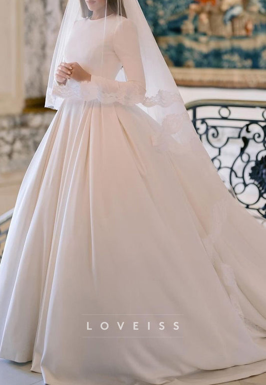 Classic Scoop Long Slevees Sleek Pleated A-Line Wedding Dress