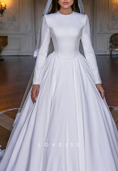 Classic Scoop Long Slevees Sleek Pleated A-Line Wedding Dress