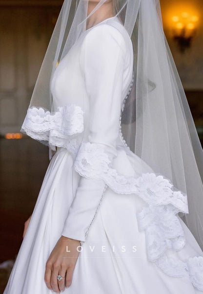 Classic Scoop Long Slevees Sleek Pleated A-Line Wedding Dress