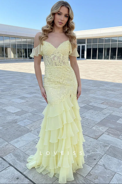 Cold Shoulder Yellow Appliques Tiered Long Dress
