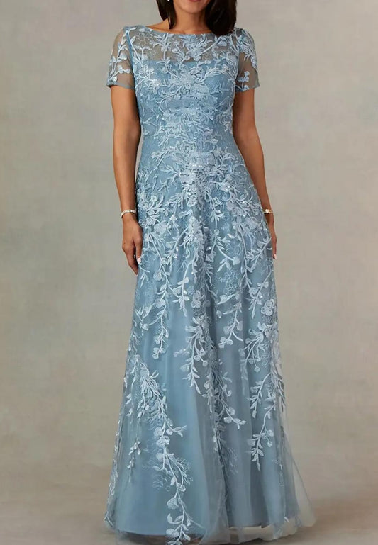 Scoop Cap Sleeves Appliques A-Line Mother of Bride Dress