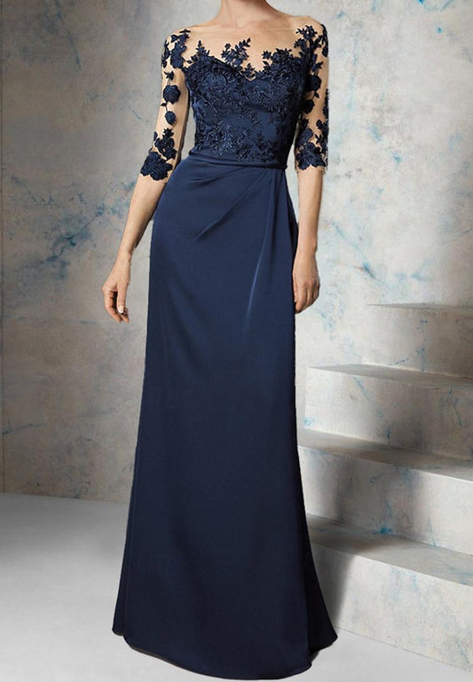 Off-Shoulder Half Sleeves Appliques Ruched Sheath Mother of Bride Dress