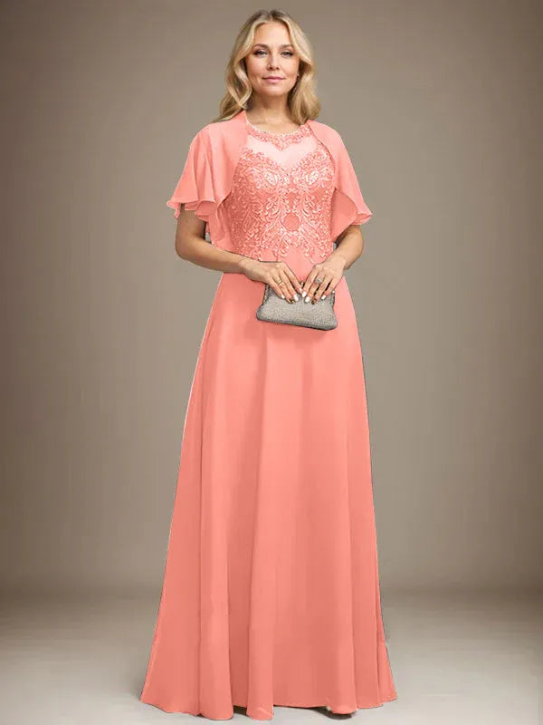 A-line Scoop Illusion Floor-Length Lace Chiffon Mother of the Bride Dress With Sequins