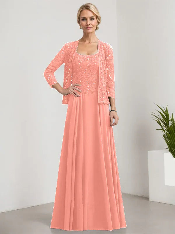 A-line Square Floor-Length Lace Chiffon Mother of the Bride Dress With Sequins