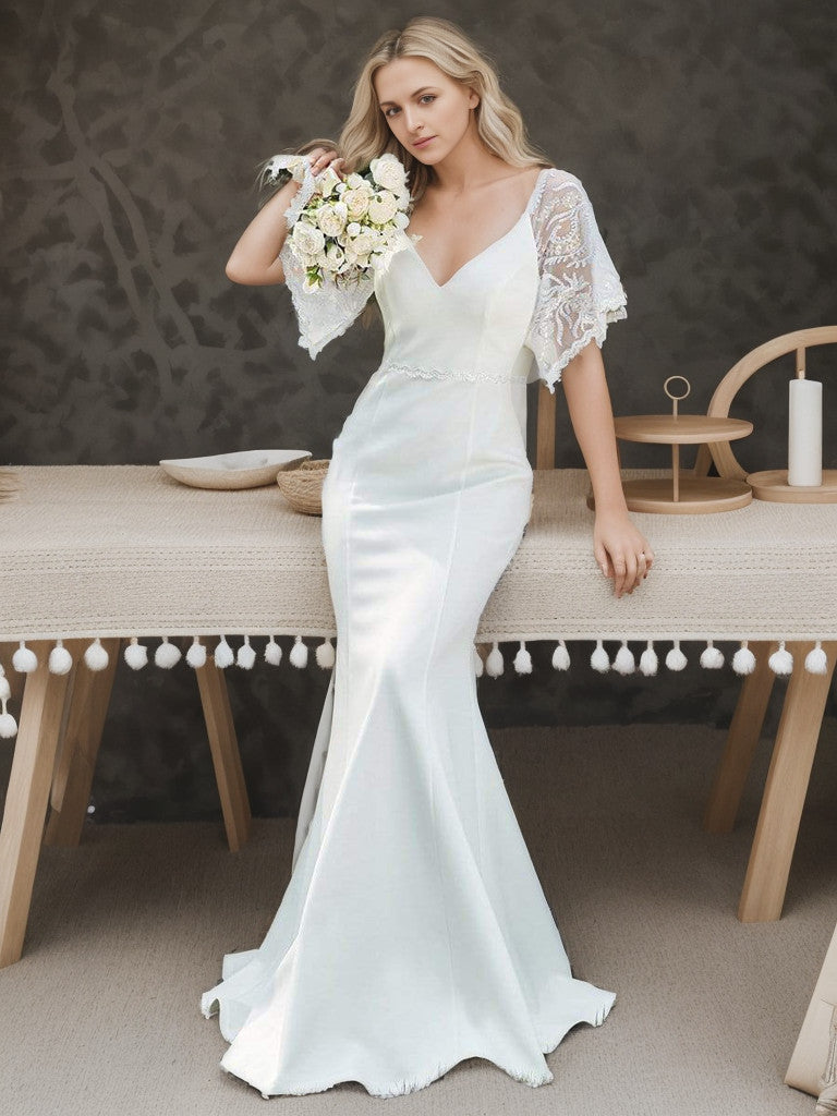 Weitese Sexy V Neck Maxi Bodycon Evening Dress with Flare Sleeves