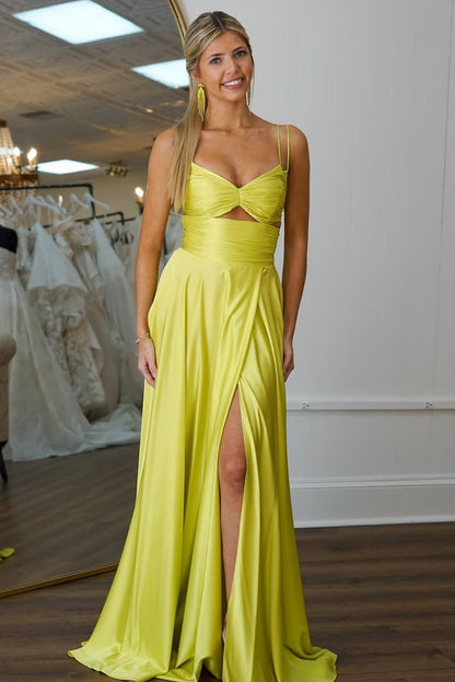 Cute A-Line Yellow Spaghetti Straps Long Satin Prom Dress with High Slit