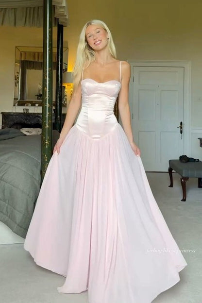 Cute A Line Spaghetti Straps Light Pink Long Prom Dress with Ruffles