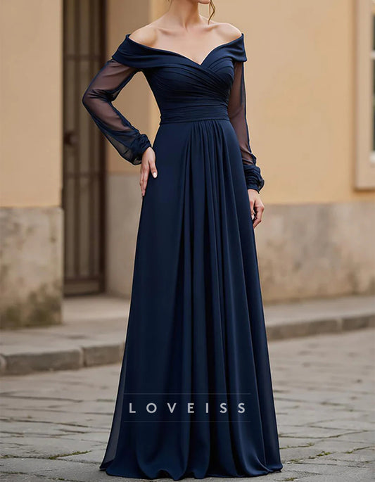 Navy Blue Chiffon Floor-Length Maxi Dress