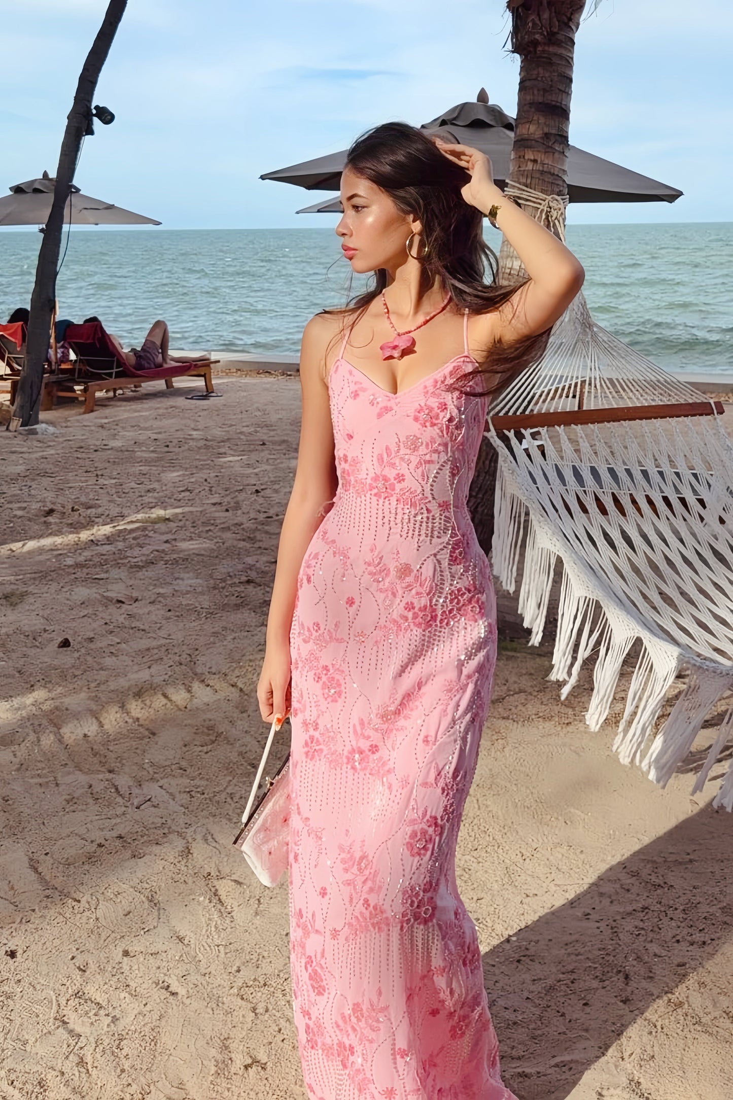 Pink V-Neck Sequin Embroidery Long Dress