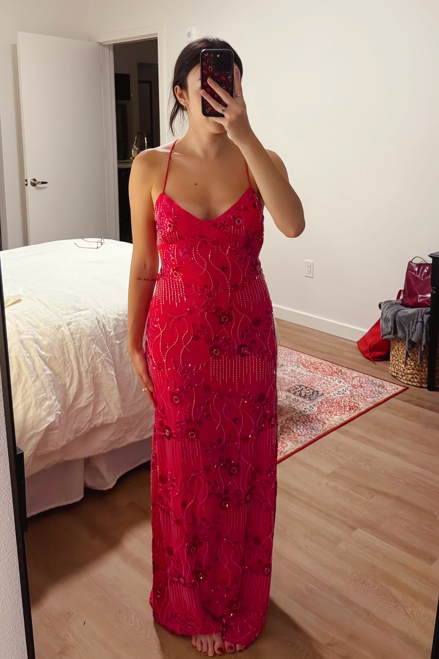 Pink V-Neck Sequin Embroidery Long Dress