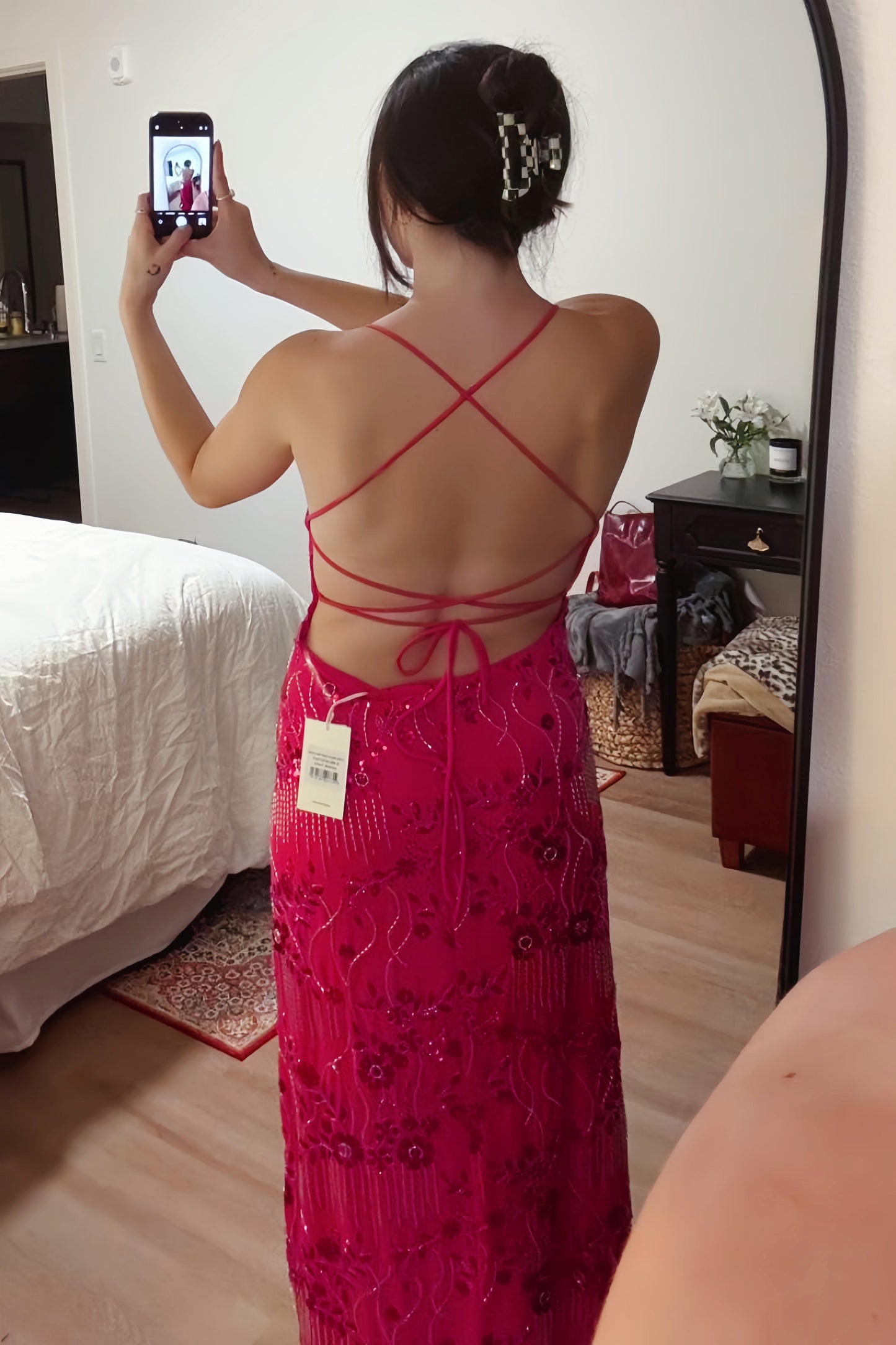 Pink V-Neck Sequin Embroidery Long Dress