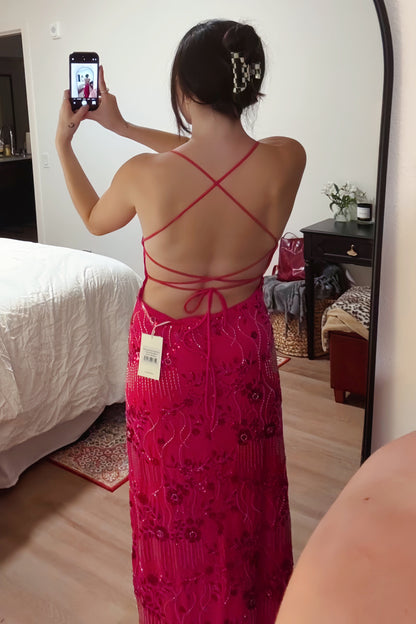 Pink V-Neck Sequin Embroidery Long Dress