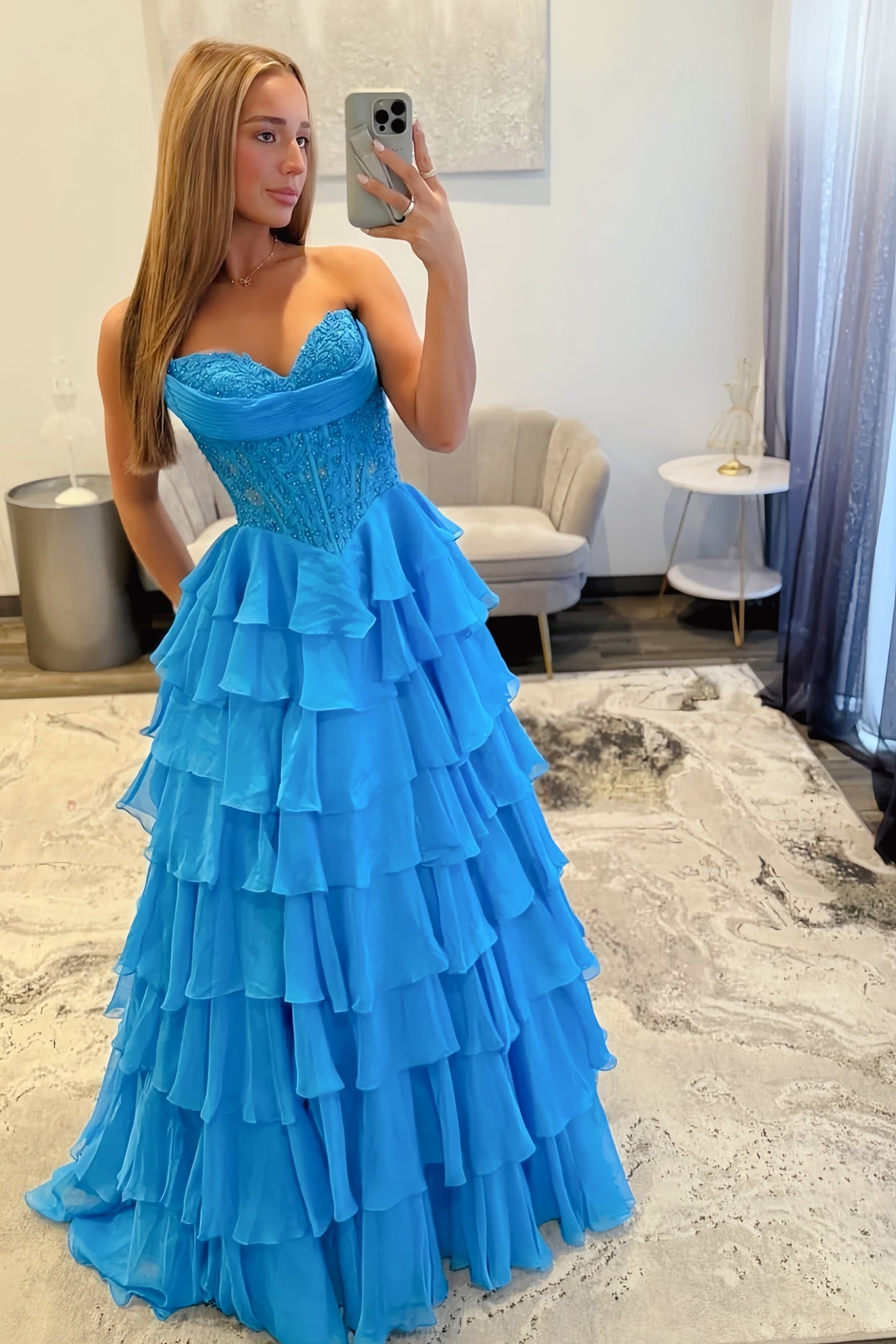 Blue Sweetheart Ruffled Long A-line Dress