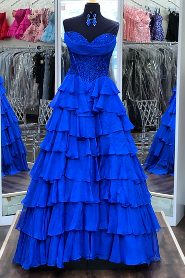 Blue Sweetheart Ruffled Long A-line Dress