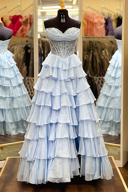 Blue Sweetheart Ruffled Long A-line Dress