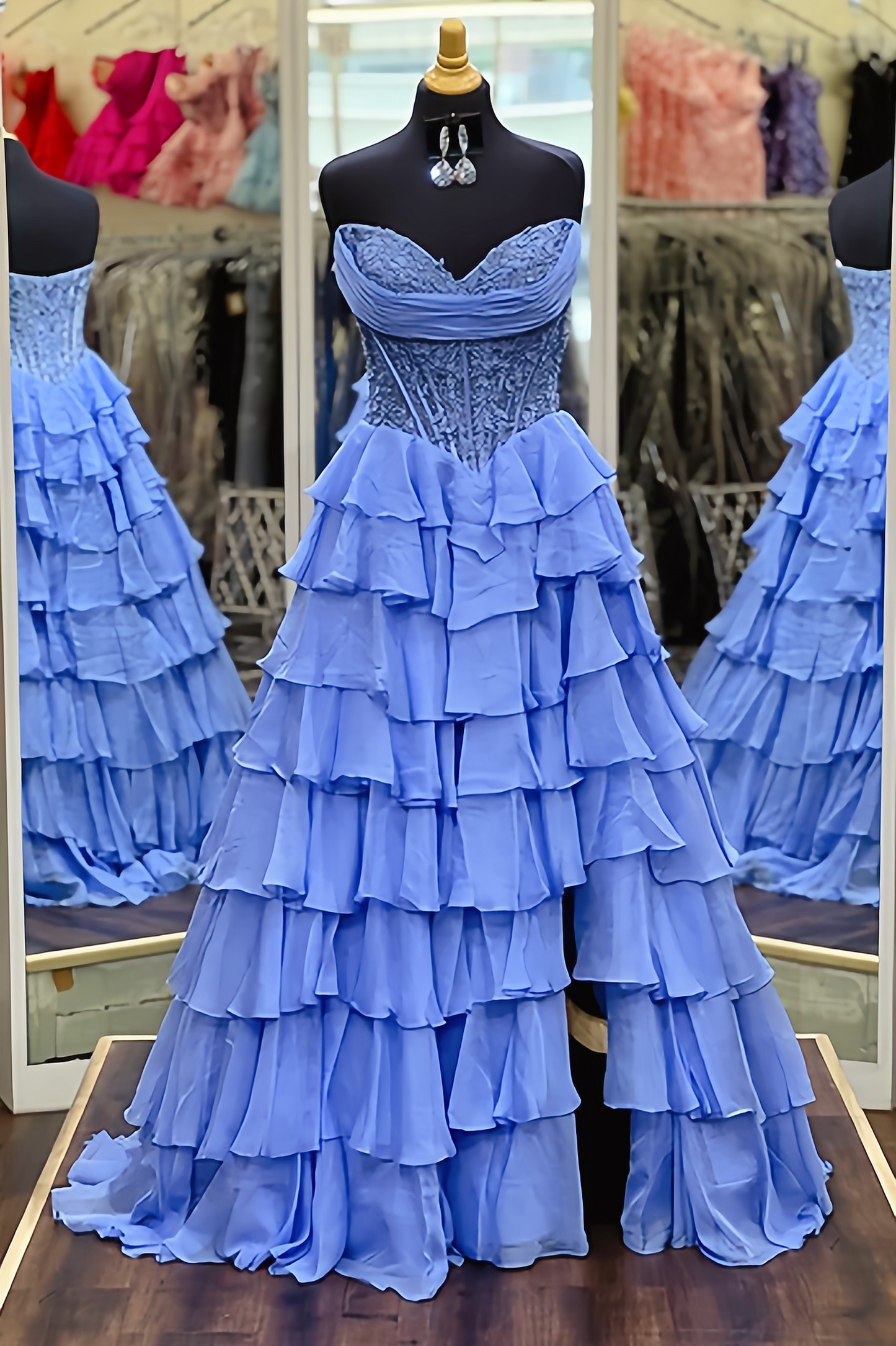 Blue Sweetheart Ruffled Long A-line Dress