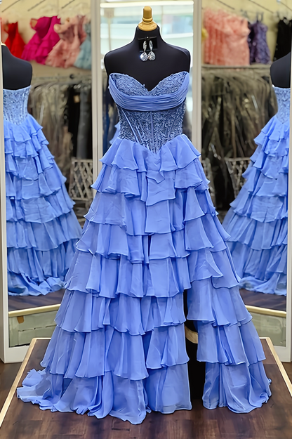 Blue Sweetheart Ruffled Long A-line Dress