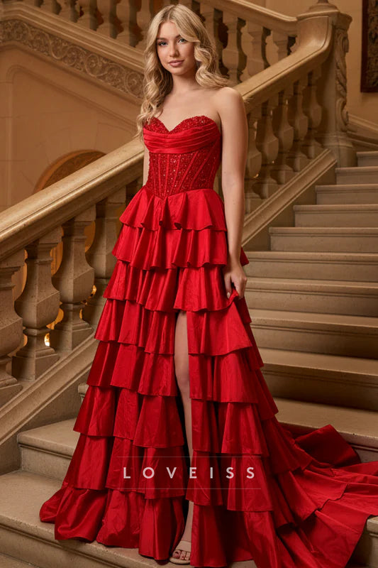 Red Sweetheart Ruffle Slit Long Dress