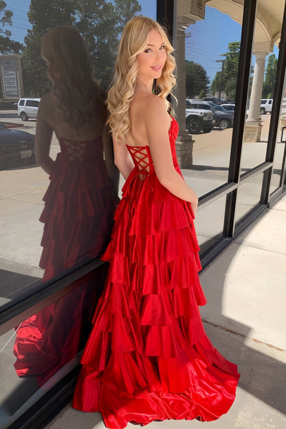 Red Sweetheart Ruffle Slit Long Dress