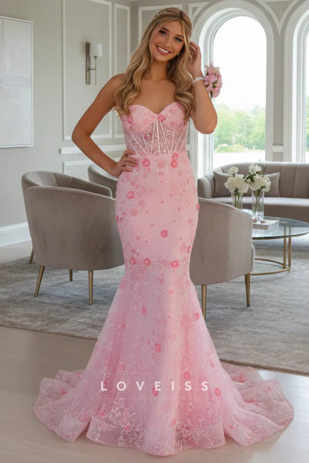Sweetheart Pink Beaded Flower Mermaid Dress