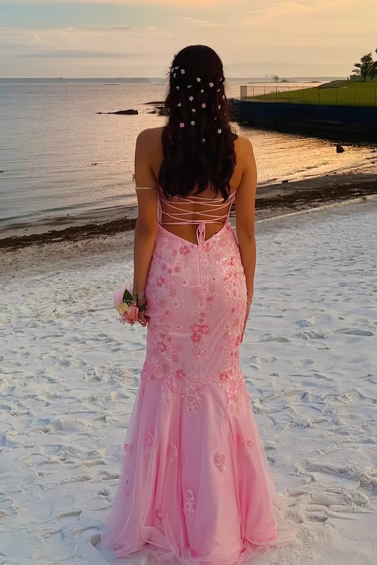 Sweetheart Pink Beaded Flower Mermaid Dress