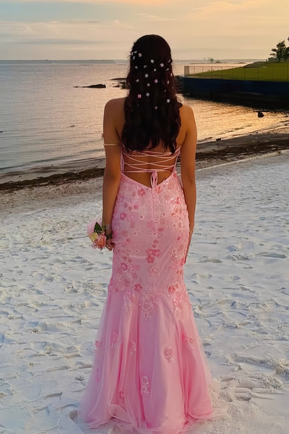 Sweetheart Pink Beaded Flower Mermaid Dress