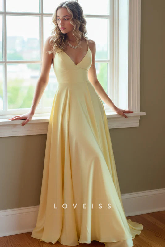 Yellow Long Spaghetti Straps A-line Dress