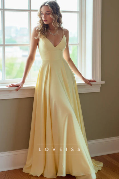 Yellow Long Spaghetti Straps A-line Dress