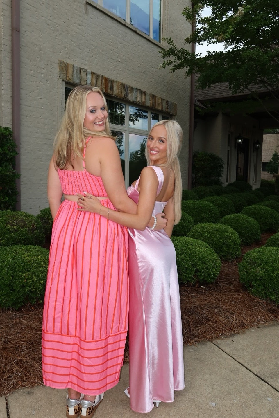 Pink Satin A-Line Lace Bust Long Dress