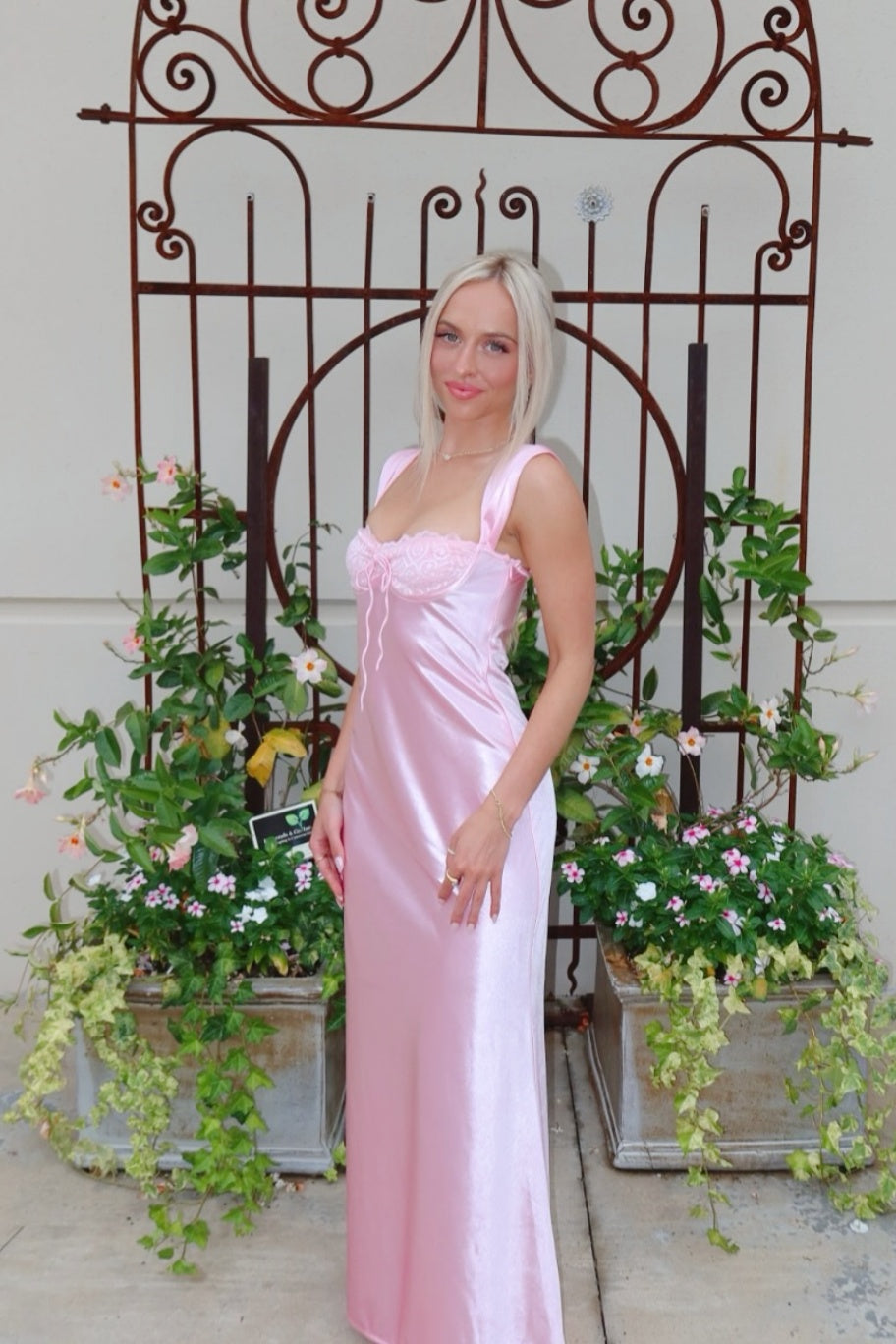 Pink Satin A-Line Lace Bust Long Dress