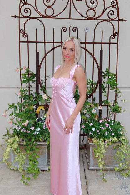 Pink Satin A-Line Lace Bust Long Dress