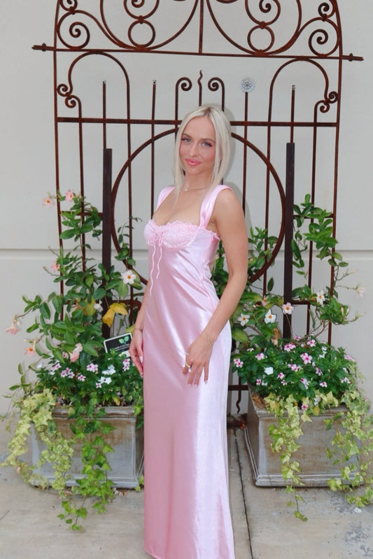 Pink Satin A-Line Lace Bust Long Dress