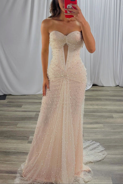 Apricot Pearls Sweetheart Cut-Out Mermaid Gown