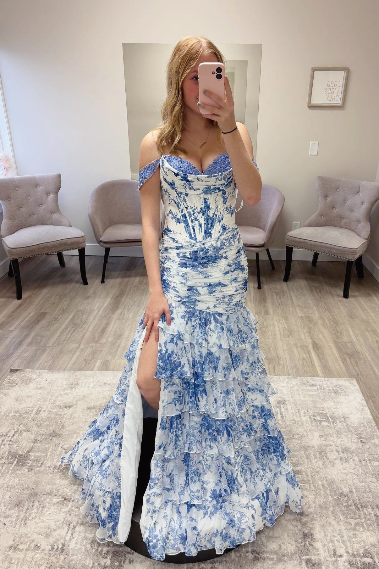 Blue Off-the-shoulder Floral Ruffled Fitted Dress
