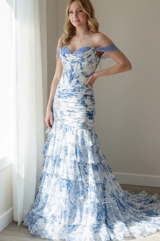 Blue Off-the-shoulder Floral Ruffled Fitted Dress